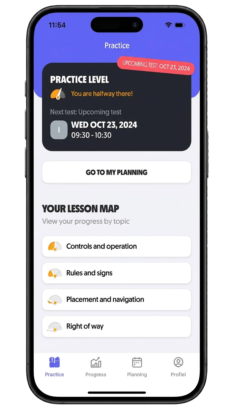 Automaat Rijschool Leiden OnMyWay app, voortgang naar je rijbewijs B automaat