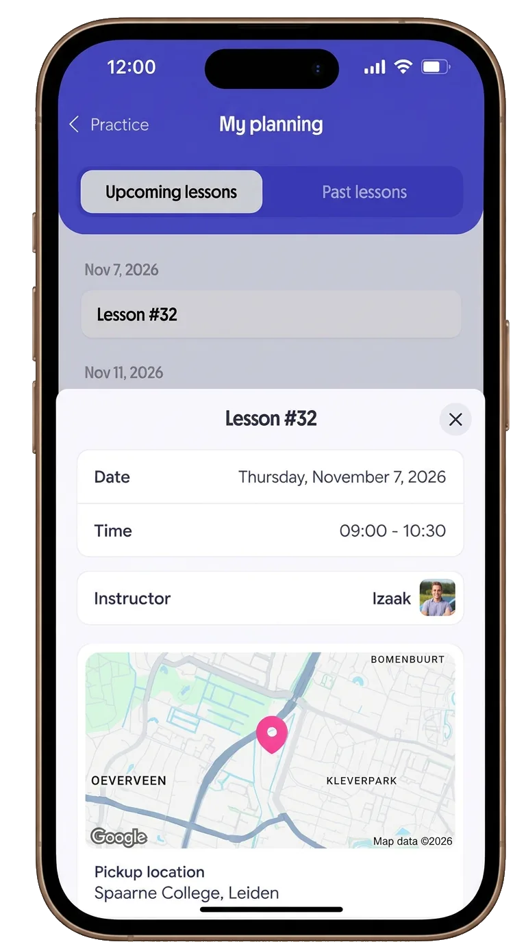 Automaat Rijschool Leiden OnMyWay app, persoonlijke lesplanning voor het CBR praktijkexamen